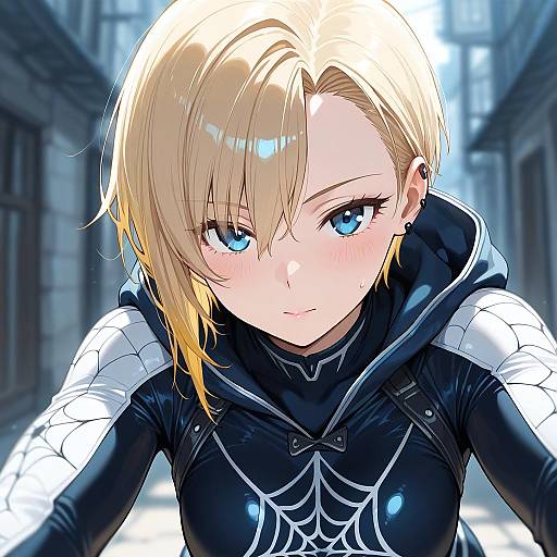 Blonde Anime Girl in Hooded Spider Web Bodysuit
