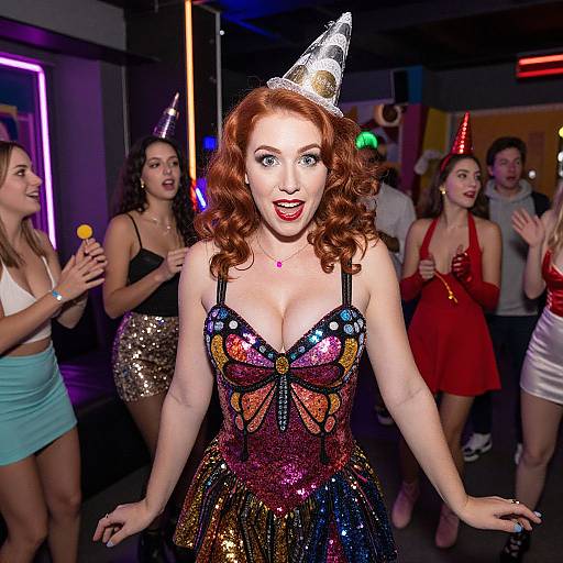 Photograph of a red-haired woman with curly hair, wearing a sequined butterfly-patterned dress and silver party hat, dancing in a lively nightclub surrounded
