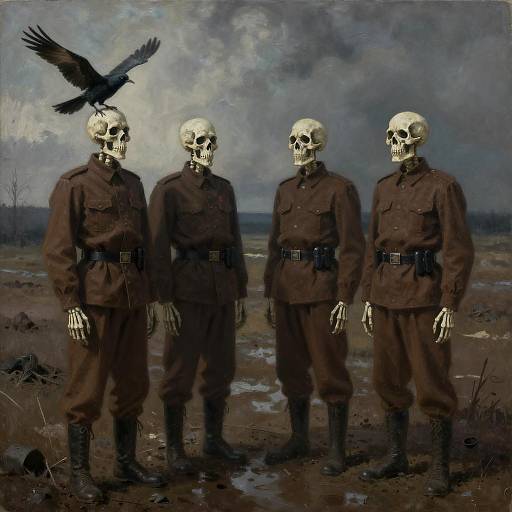 Eerie Skeletal Figures in Desolate Landscape