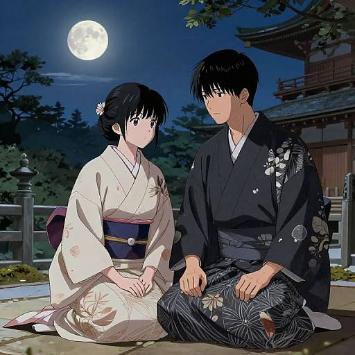 Anime-style illustration of a young couple in traditional Japanese yukatas, sitting under a moonlit night sky, with a temple in the background. The