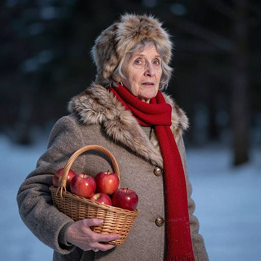Photograph of an elderly woman with gray hair, wearing a fur hat and red scarf, holding a basket of red apples in a snowy forest.