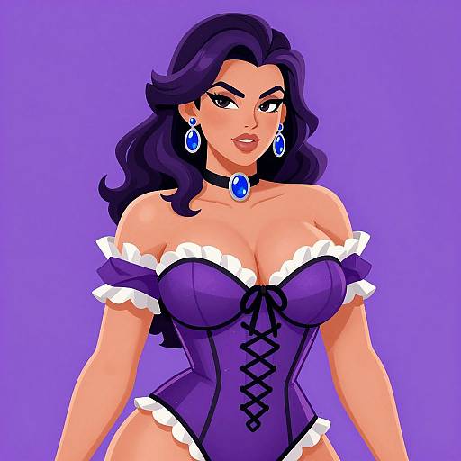 Digital drawing of a confident, curvy woman with dark purple hair, wearing a strapless purple corset with white frills, black lace, blue