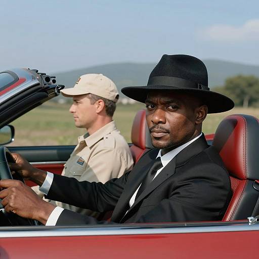 Two Men in Red Convertible with Contrasting Styles