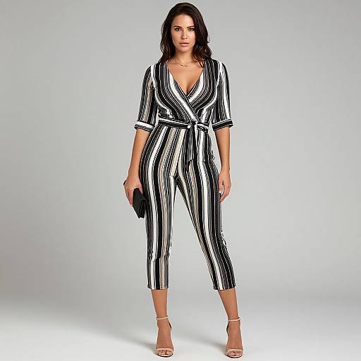 Photograph of a confident woman with long dark hair, wearing a black and white striped, deep V-neck jumpsuit, and white high heels, holding