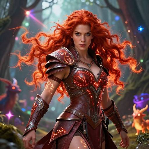 Digital artwork of a fierce, red-haired woman with glowing armor in a magical forest, surrounded by colorful lights and mystical creatures.
