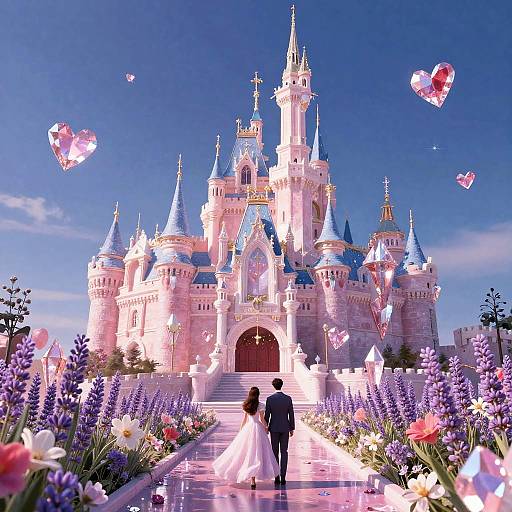 Photograph of a fairy-tale castle with blue spires, surrounded by vibrant purple flowers and butterflies, under a clear blue sky. A bride in