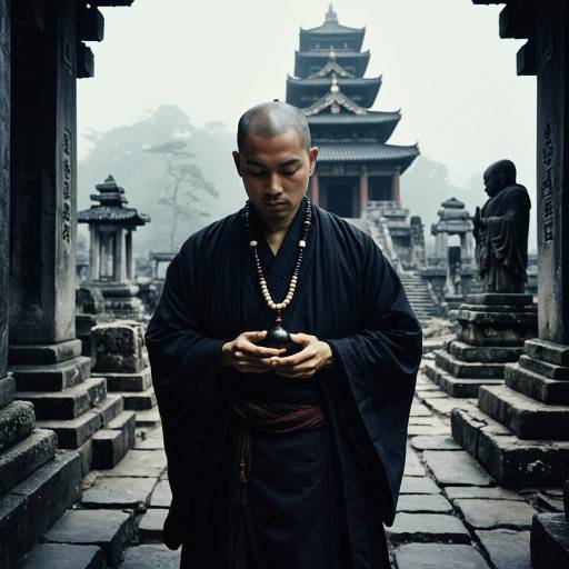 Silent Monk with Prayer Beads at Misty Temple
