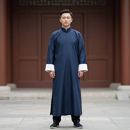 Photograph of a serious Asian man in traditional black Korean hanbok with white cuffs, standing in front of a wooden door.