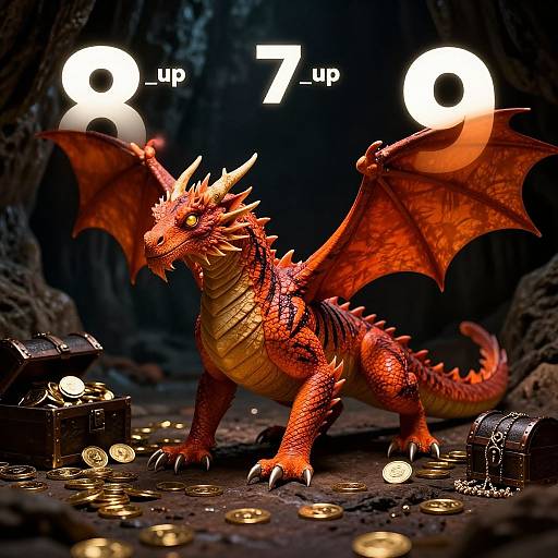 CGI dragon with red scales, orange wings, and yellow underbelly stands in a dark cave filled with gold coins and treasure chests. 