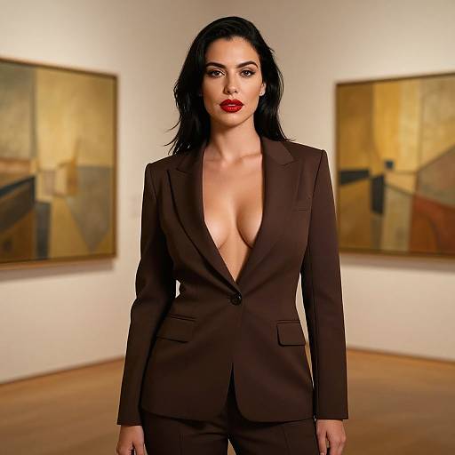 Photograph of a confident woman with black hair, red lipstick, and deep brown blazer with plunging neckline, standing in an art gallery with two