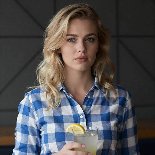 Blonde Woman in Casual Blue Checkered Shirt