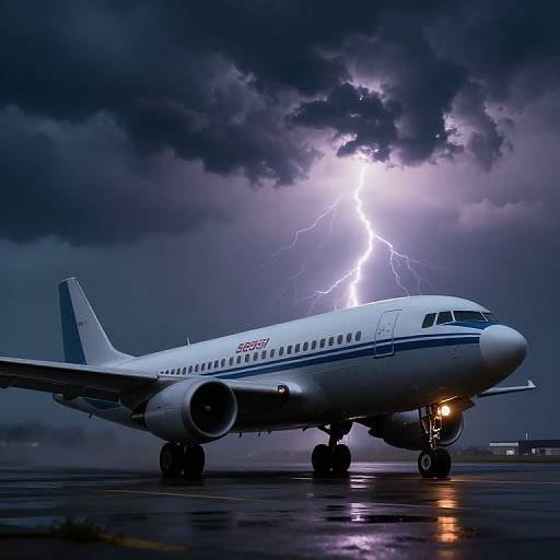 Photograph of a white commercial airplane on a wet runway, struck by a bright, jagged lightning bolt in a stormy, dark blue sky.