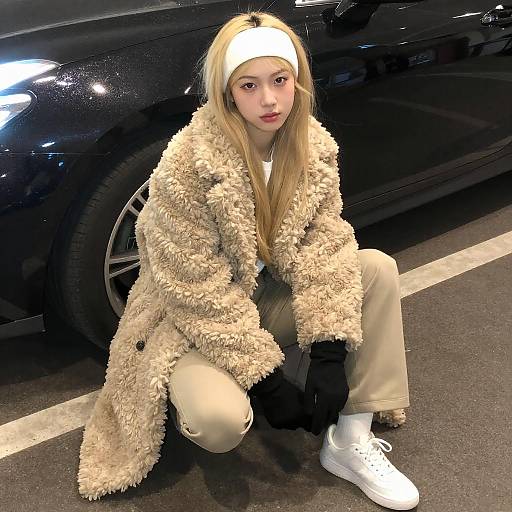 Young Woman Squatting by Glittery Car