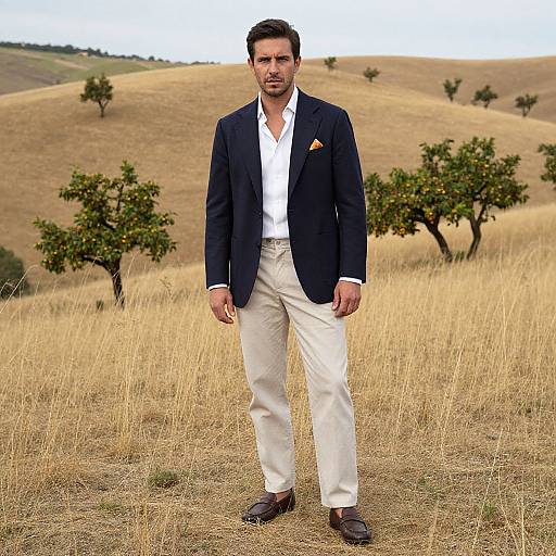 Photograph of a handsome man in a navy blazer, white shirt, and beige pants, standing in a dry, grassy hillside with scattered