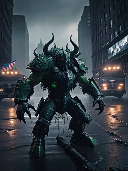Armored Demon Warrior in Rainy City