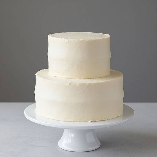 Photograph of a simple, two-tiered white cake with smooth, unadorned frosting, displayed on a white ceramic cake stand against a gray
