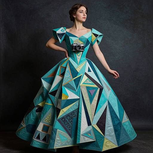 Photograph of a woman in a geometric, teal and blue, triangle-patterned ball gown with 3D puffed sleeves, standing against a dark