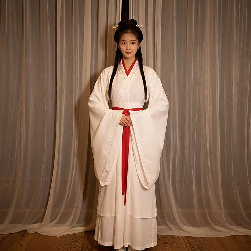 Photograph of an Asian woman with long black hair in a traditional white Korean hanbok with red trim, standing against a sheer curtain backdrop.