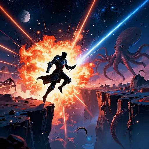 Silhouetted warrior leaps from cliff, surrounded by fiery explosion, blue and orange laser beams, and giant octopus in cosmic landscape.