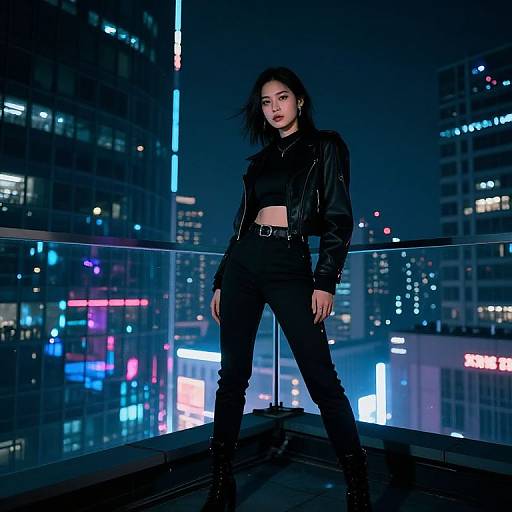 Photograph of a confident Asian woman with dark hair, wearing a black leather jacket, crop top, and pants, standing on a rooftop at night in