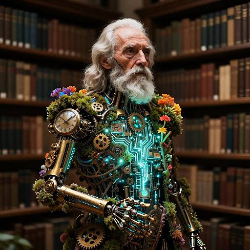 Elderly Scholar with Bioluminescent Cybernetics