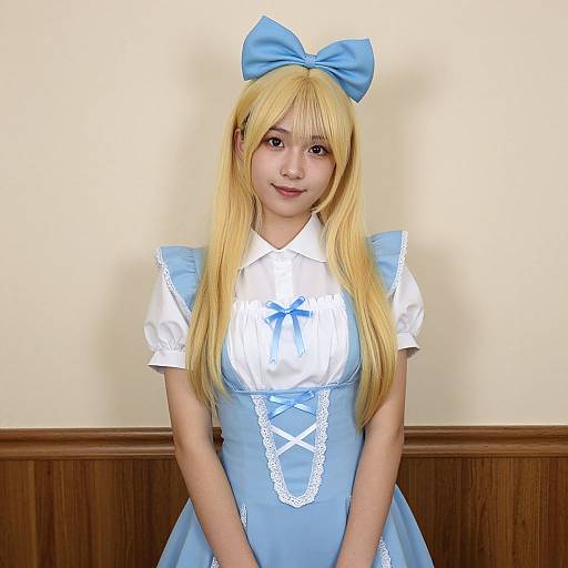 Photograph of an Asian woman with long blonde hair, blue bow, wearing a blue Alice in Wonderland-style dress, white blouse, and lace trim,