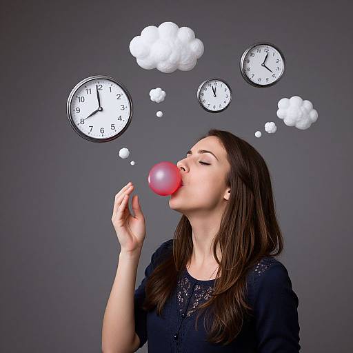 Photograph of a woman with long brown hair, blowing a red bubble gum, with clock thought bubbles above her head against a gray background.