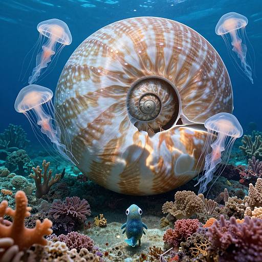 Photograph of a large, spiral-shelled sea slug surrounded by glowing jellyfish, with colorful coral reefs and a small fish in the foreground, underwater