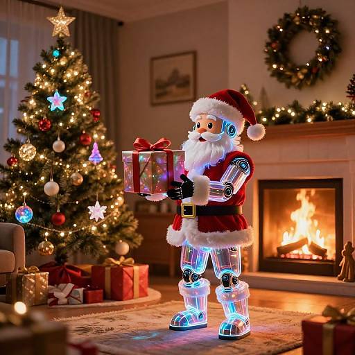 Photograph of a glowing, robotic Santa Claus holding a gift, standing in a festive living room with a lit fireplace, Christmas tree, and wreath