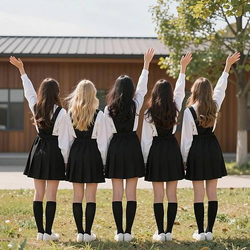Five Teenage Girls Raising Arms Outdoors