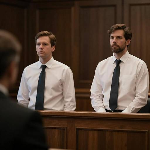 Two Men in Courtroom Standing Behind Wooden Railing