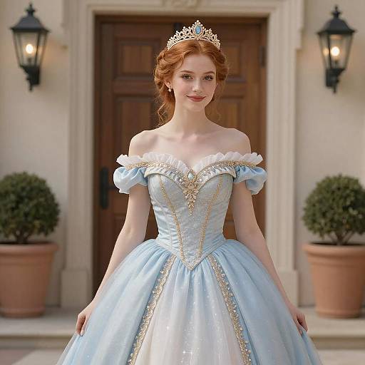 Photograph of a fair-skinned, red-haired woman in a light blue, off-shoulder, jeweled ball gown with a silver tiara