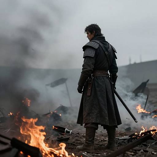 Photograph of a dark-haired man in a long, black military coat, standing amidst burning debris and smoke, holding a sword, with a cloudy sky