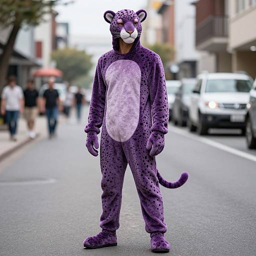 Photograph of a person standing on a city street in a purple leopard-print onesie with a white chest, wearing a matching head mask, amidst blurred