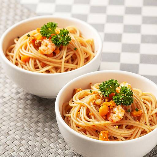 Vibrant Noodles in White Bowls
