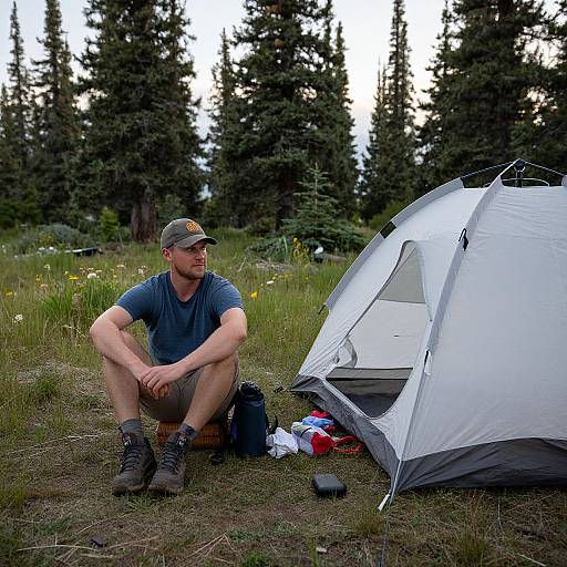 Photograph of a bearded man in a blue shirt and gray cap, squatting beside a white camping tent in a grassy forest clearing with tall