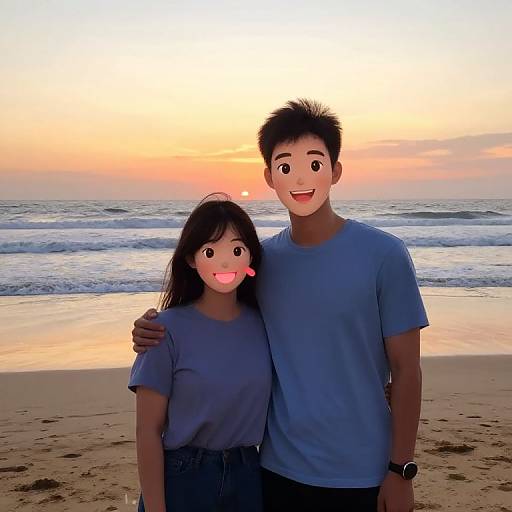 Digital anime-style photograph of a happy Asian couple standing on a beach at sunset, both with cartoonish, smiling faces and pink blush marks.