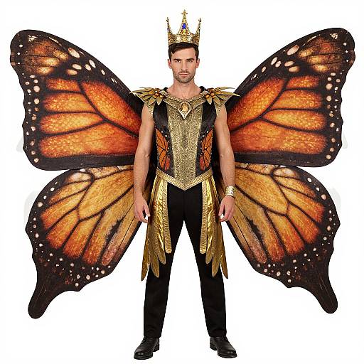 Photograph of a man in a king costume with large orange and black butterfly wings, gold chest plate, black pants, and a crown, standing against