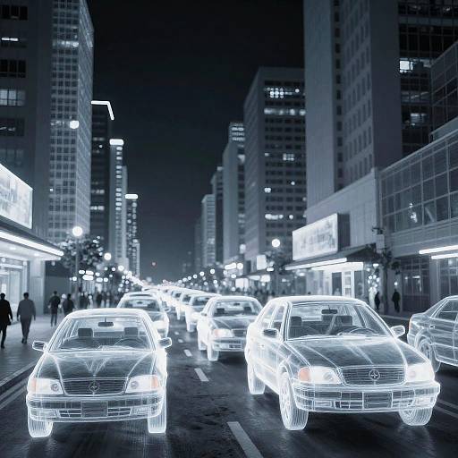 Nighttime city street photograph with glowing, wireframe cars on illuminated streets, surrounded by tall, lit-up skyscrapers and neon signs.