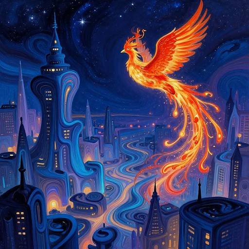 Vibrant digital painting of a fiery phoenix soaring over a surreal, blue-hued, starry cityscape with winding streets and glowing buildings.