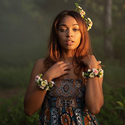 Photograph of a young woman with brown skin and long hair, wearing a floral-patterned dress, adorned with flowers in her hair and on her wrists
