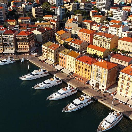 Aerial photograph of a coastal town with red-roofed buildings, yellow facades, and white yachts docked along a narrow waterfront.