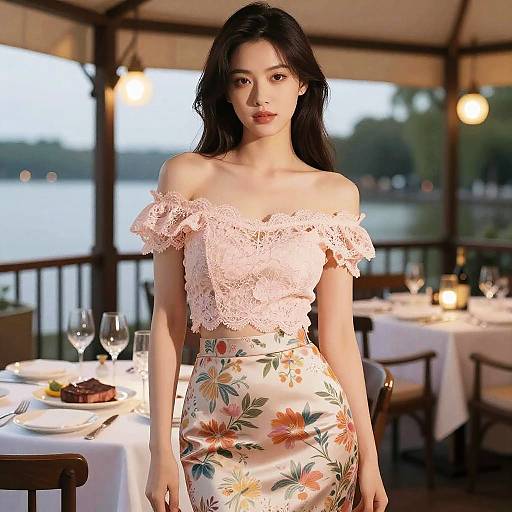 Photograph of an East Asian woman with long black hair, wearing an off-shoulder pink lace top and floral skirt, standing in a waterfront restaurant