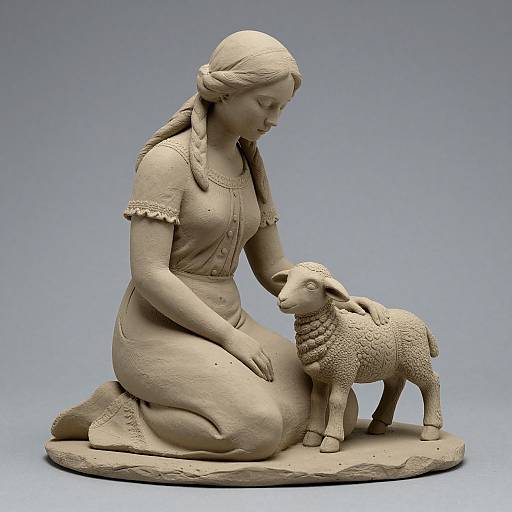 Photograph of a detailed, monochromatic stone sculpture depicting a kneeling woman with braided hair, gently touching a small, textured sheep. Blue gradient