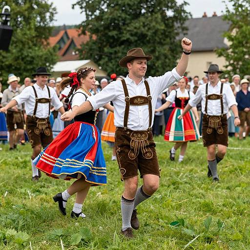 Photograph of a lively outdoor folk dance event, featuring men in brown vests, white shirts, and hats, and a woman in a blue, red