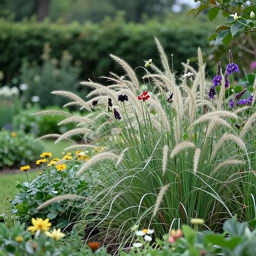 Photograph of a vibrant garden with tall, white ornamental grasses, colorful flowers (yellow, purple, red), and a lush green hedge background
