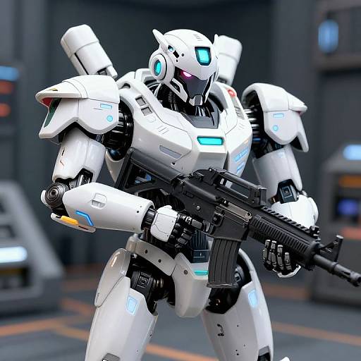 Photorealistic CGI of a white, glowing-blue-accented humanoid robot holding a black assault rifle, standing in a futuristic, industrial background.