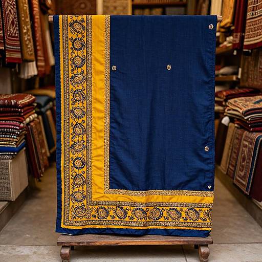 Photograph of a richly embroidered Indian fabric, navy blue with intricate yellow borders, displayed on a wooden stand in a textile shop.