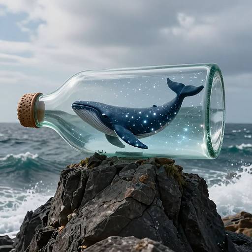 Photograph of a glass bottle with a cork stopper, containing a blue whale and sparkling stars, perched on a rocky ocean shore with waves and