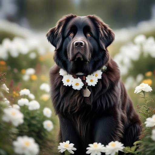 Realistic Newfoundland Dog Among Flowers